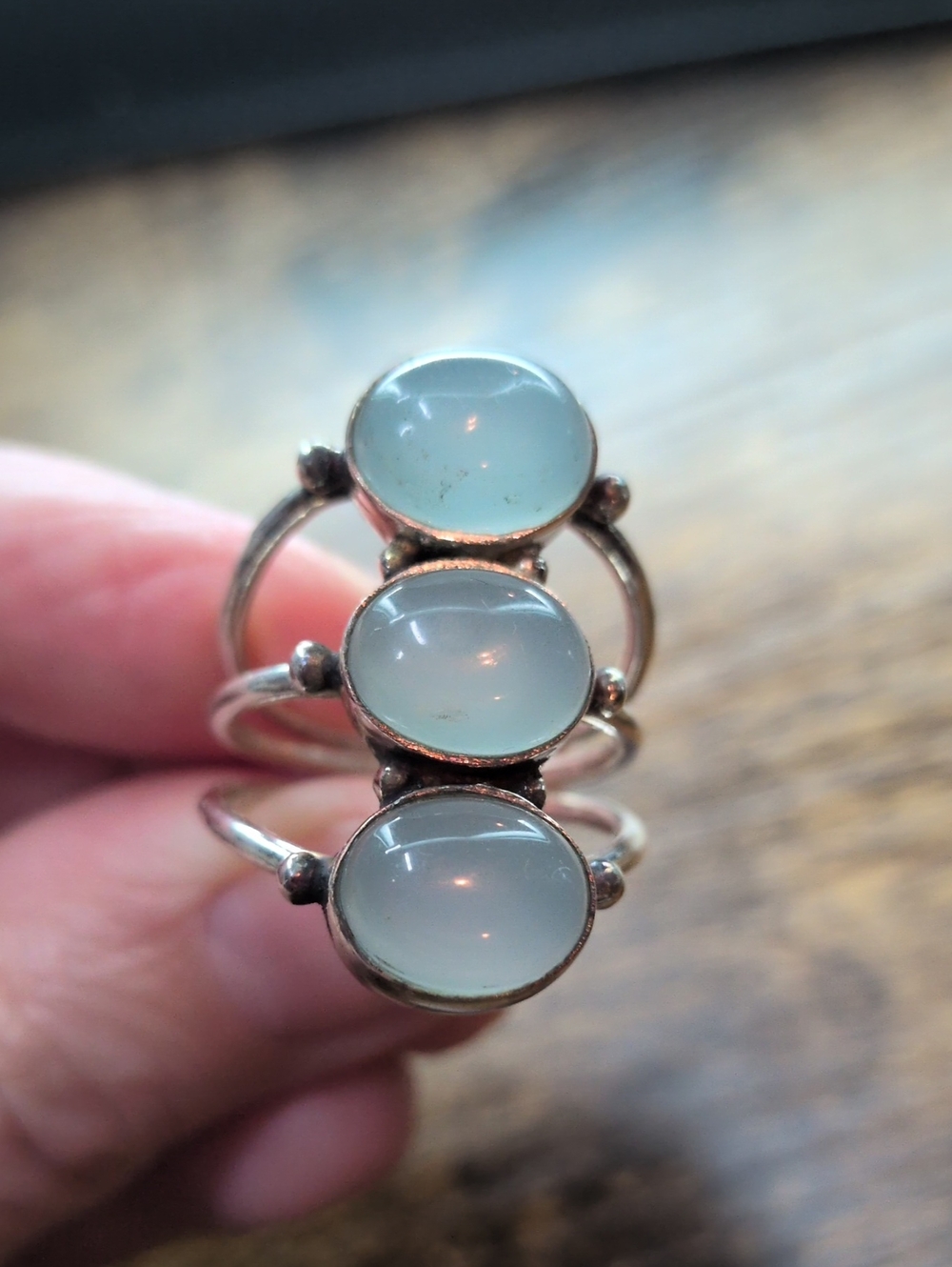 Three-Stone Blue Chalcedony Silver Ring